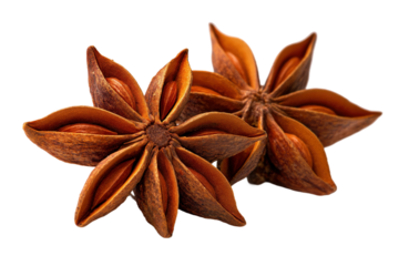 Macro Close-Up of 2 Organic Star Anise Pods (Octagonal Shape, Rich Brown) �C On Clean White Background, PNG, no background