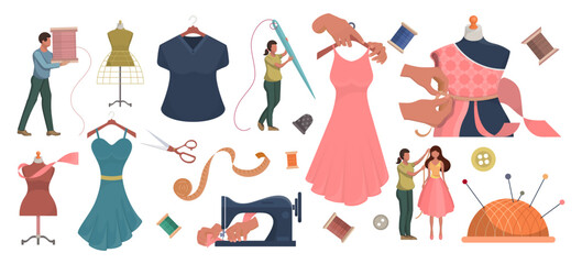 Flat vector illustration of tailoring and dressmaking tools with sewing machine, mannequin, fabric, and fashion design process.
