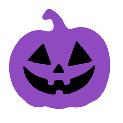 A purple halloween pumpkin with a black face and stem on a white background in a simple cartoon style