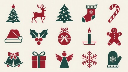Minimalist red and green Christmas icons in festive 3x5 grid with clean lines and seasonal charm