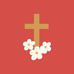 Cross with flowers. Cross and blossoms on red tile, remembrance, church, Easter motif.