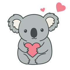 Cute koala holding a pink heart with two smaller hearts floating above it on a white background image