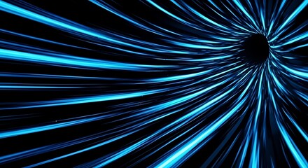 Abstract visualization of a cosmic wormhole or hyperspace tunnel with glowing blue light streaks against a dark background