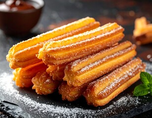 Stack of churros, dusted with sugar, on a dark slate surface