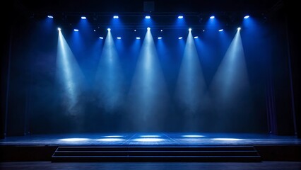 An empty stage, bathed in the cool, vibrant glow of blue spotlights, creating an atmosphere of anticipation. 