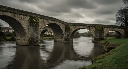 Fototapeta premium Stone bridge arches over a river under cloudy skies with green banks visible on either side