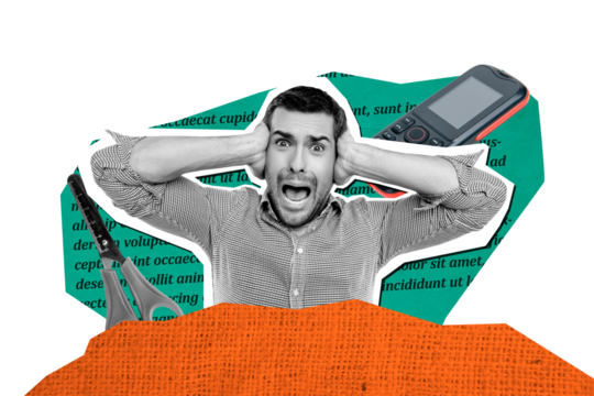 Trend artwork poster composite sketch image collage of young man scream hand gesture cover ear cellphone call scissors cut paper fragment