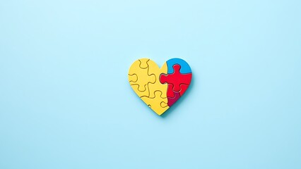 Heart-shaped puzzle on a light blue background, symbolizing autism awareness with soft overhead light.