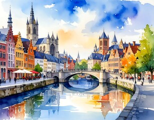 Fototapeta premium European city canal scene, colorful watercolor