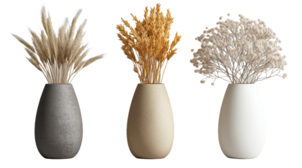 3 Decorative Vases (Each with Dried Botanical Bouquets) �C Elegant Natural Display, Suitable for Home Decor, PNG, no background