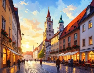 Obraz premium European city street at sunset