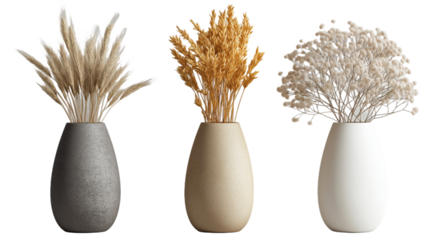 3 Decorative Vases (Each with Dried Botanical Bouquets) �C Elegant Natural Display, Suitable for Home Decor, PNG, no background