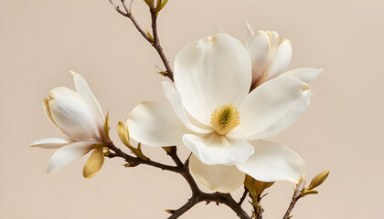 Obraz premium White Magnolia Flower Blooming on Branch in Soft Natural Light