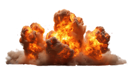 Massive Explosion (Orange Flames, Brown Smoke) on Stark White Background �C Reveals Scattered Detritus, PNG, no background