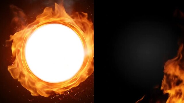Half black background with fiery frame and a burning circle