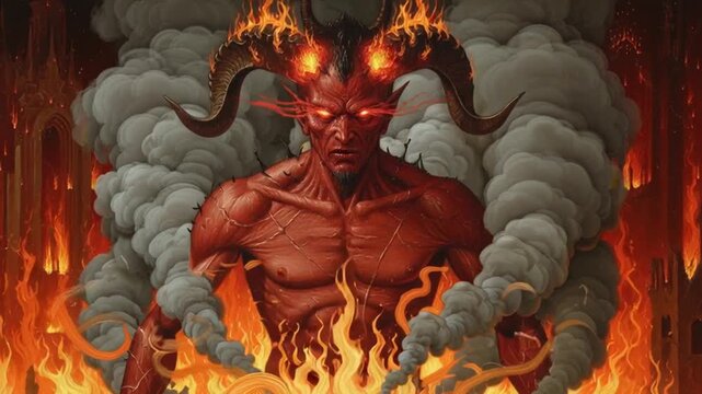 fiery red demon in hell surrounded by smoke and flames