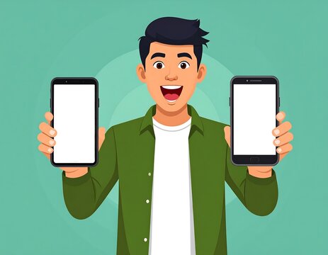 Excited man holds two blank smartphones
