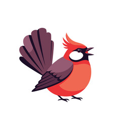Fototapeta premium A small plump cardinal bird with a fluffy tail is singing with its beak open and a prominent crest on its head.