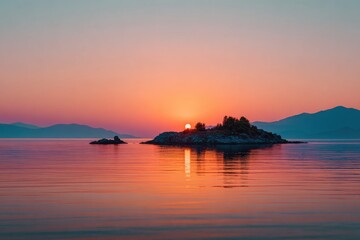 Sunset over Aegean Sea islands, Greece - Tranquil seascape with vibrant colors.