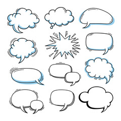 Fototapeta premium A collection of diverse hand-drawn speech bubbles and thought clouds for comic books and digital art projects.