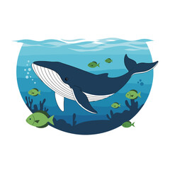 Obraz premium A majestic blue whale gracefully swims through the deep blue ocean with small fish swimming nearby.