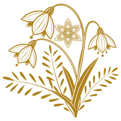 Elegant golden outline illustration of snowdrop flowers and delicate foliage on a white background