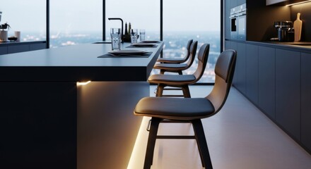 Modern kitchen interior with sleek design, bar stools, and city view.