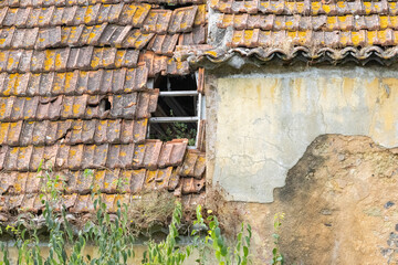 Damaged roof exposing broken window in abandoned building