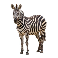 A full-body studio portrait of a zebra standing alertly, showcasing its distinctive black and white striped coat and mane against a clean white background.
