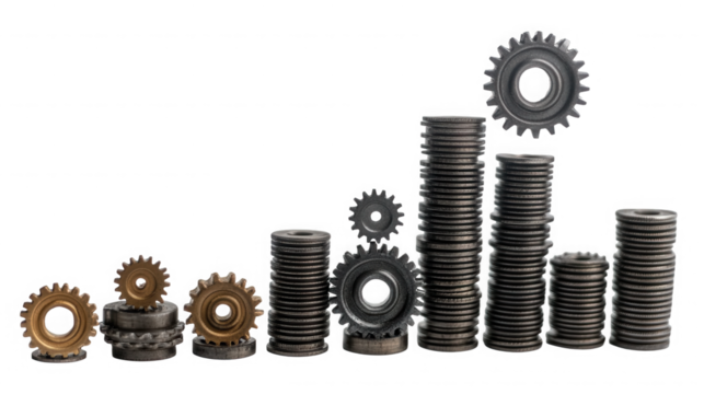 Stacked gears representing growth and progress in business and technology sectors on transparent background