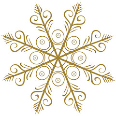 Elegant golden snowflake with swirling decorative patterns on a white background