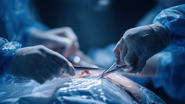 Surgical team performing operation in operating room, medical procedure.