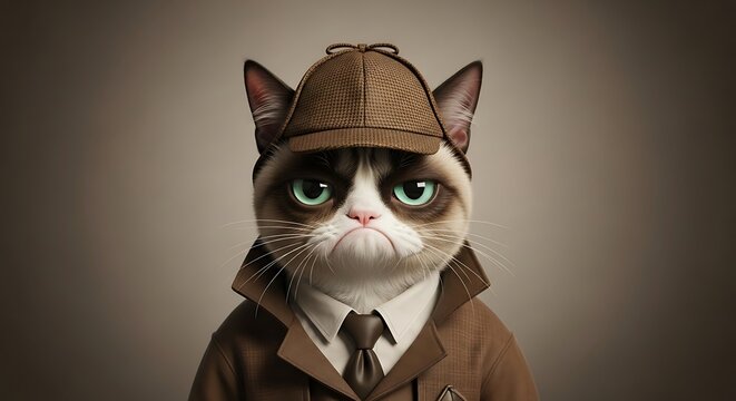 Grumpy Cat as a Detective with a Deerstalker Hat and Trench Coat.