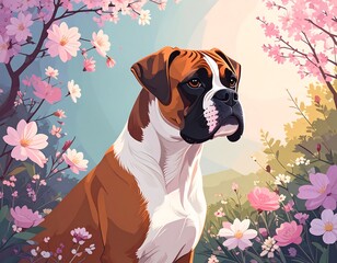 Boxer dog in a spring blossom garden
