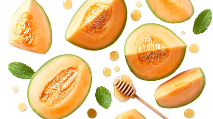 several slices of a cantaloupe melon. artistically arranged in mid-air against a clean white background the vibrant orange flesh and green rind are clearly visible. along with a few melon seeds scatte