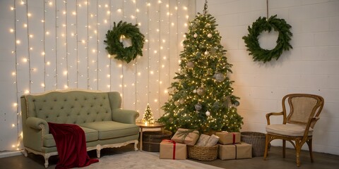 Obraz premium Cozy christmas living room with decorated tree and gifts