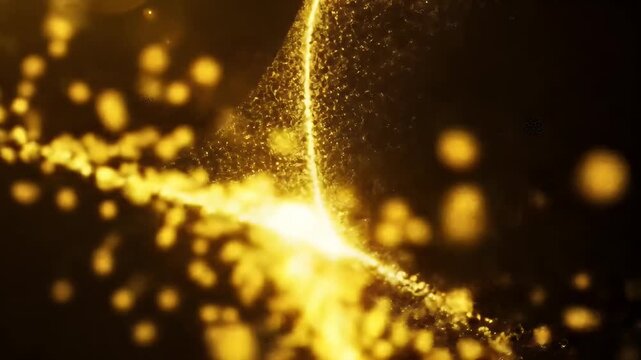 Golden Glittering Particles Swirling in Abstract Motion.