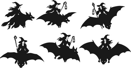 Spooky witch silhouette riding bats and wolves holding lantern, magical Halloween fantasy vector illustration perfect for dark horror themed designs.