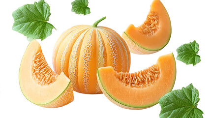 several slices of a cantaloupe melon. artistically arranged in mid-air against a clean white background the vibrant orange flesh and green rind are clearly visible. along with a few melon seeds scatte