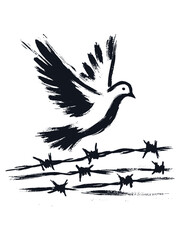 Dove flying over barbed wire ink drawing vector illustration