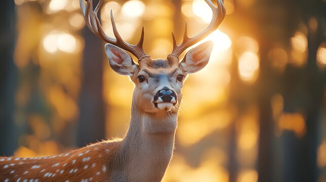 Majestic deer stands in sunlight with trees in background during golden hour