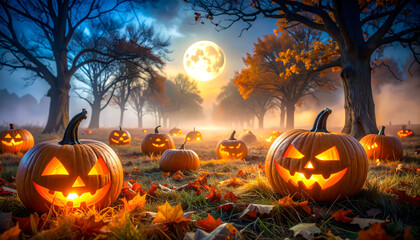 Enchanting scene of glowing Halloween pumpkins scattered across a moonlit field, surrounded by ancient, gnarled trees and fallen autumn leaves, creating a mystical atmosphere