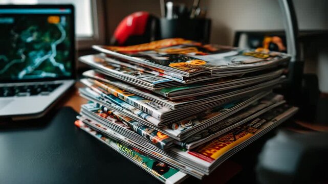 Stack of colorful magazines on desk with laptop and office supplies during a cozy afternoon at home
