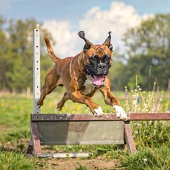 Boxer dog jumping over a hurdle