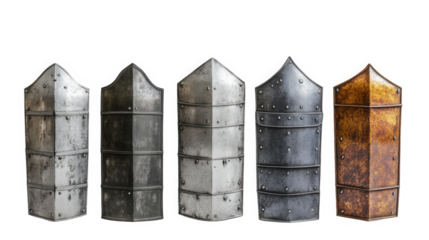 Collection of medieval knight's pauldron armor pieces on transparent background