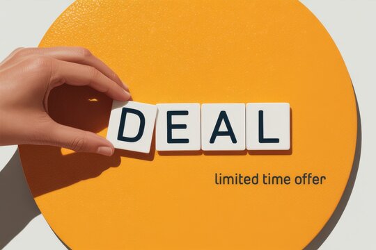 A woman's hand completes the word DEAL with white letter tiles on a vibrant orange background, illustrating a limited time offer or special promotion