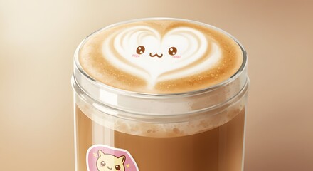 Cappuccino jar with foam heart and happy eyes, kawaii sticker