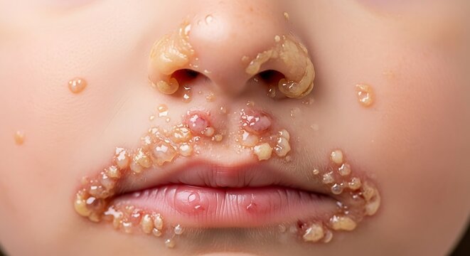 Childs Face Affected by Herpes Simplex Virus Infection.