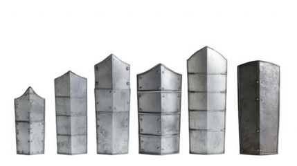 Collection of medieval armor pieces against a stark on transparent background