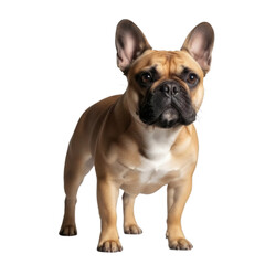 Fototapeta premium A fawn-colored French Bulldog stands attentively on a white background, showcasing its distinctive bat ears and muscular build.